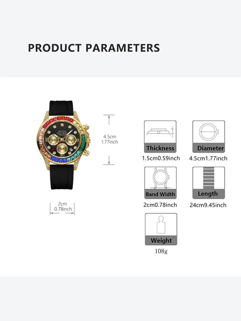 Men's Business Fashion Rhinestone Decorated Analog Quartz Watch, Fashion Watch for Party, Daily Clothing Decor, Trendy All-match & Exquisite Watch for Birthday Gift with Box, Stylish Watch, Rhinestone Watches