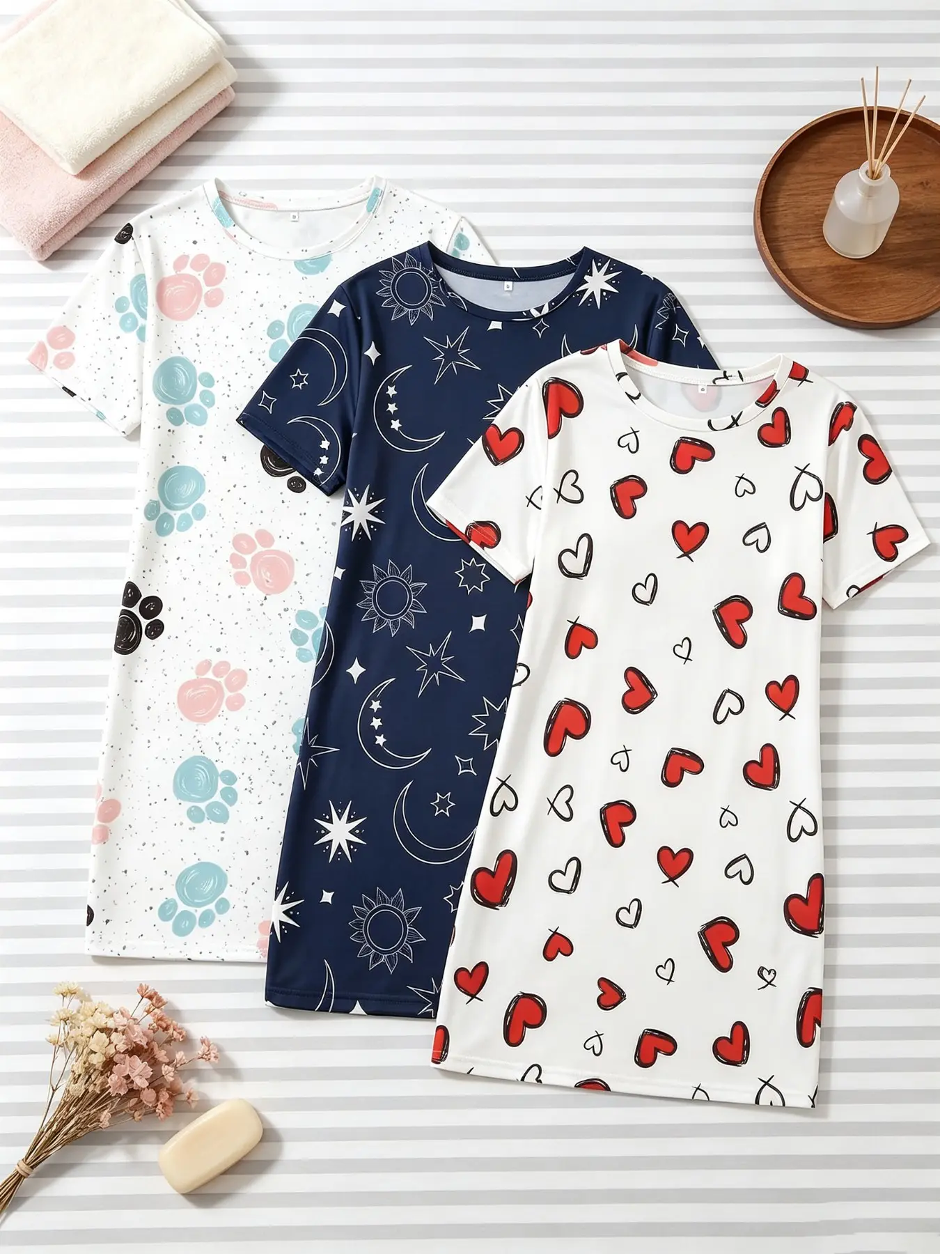 Women's Nightgowns 3 Pack Value Matching Set Paw Print Sun Moon Star Celestial Heart Doodle Print Summer Short Sleeve Crew Neck Soft Breathable Lightweight Slightly Stretchy Sleep Dress Home Lounge Casual Daily Wear Multipack Sleep Set