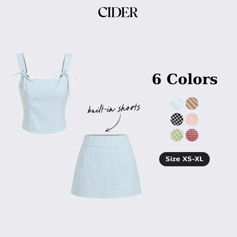 Cider U-neckline Gingham Bowknot Crop Tank Top & Low Rise Mini Skirt Set