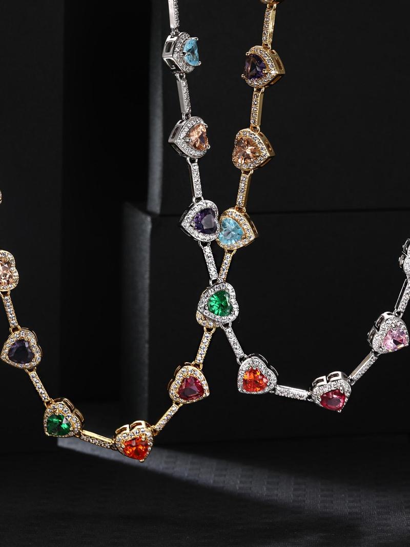 Colorful Heart Shaped Imitation Crystal Decor Statement Necklace, Elegant Luxurious Gift for Mom & Girlfriend, Fashion Jewelry Accessories for Women