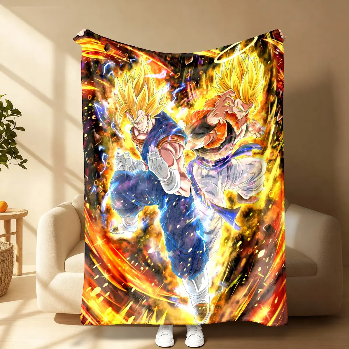 Yellow Flame Goku Blanket Cozy Flannel Throw Warm Couch Blanket Travel Blanket for Anime Fans, Teens, Adults, Living Room, Dorm, Gaming Setup