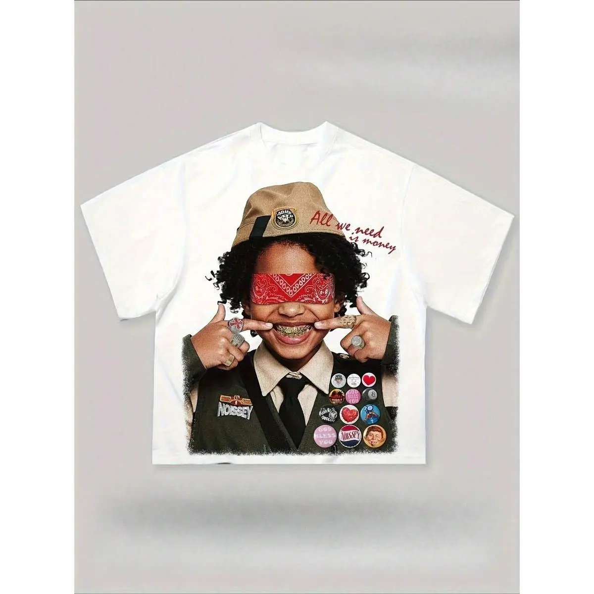 Men's Classic Cotton Crew Neck Short Sleeve Top - Unisex Fit, Kid Scout Bandana Grillz Portrait Print, for Hip Hop Streetwear Fans' Daily Outfits (Cotton Fabric Short Sleeve Tops)