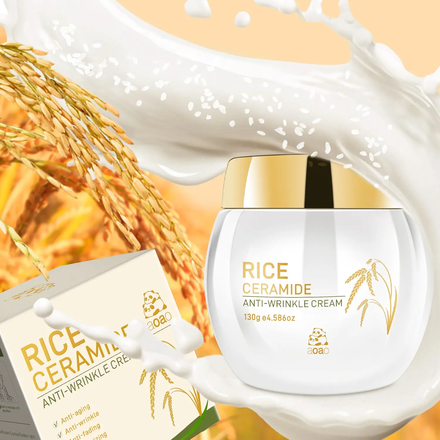 Aoao Rice Ceramide Cream 130g, Long-Lasting Hydration, Skin Barrier Moisturizer, 120h Durability, Gentle Formula for All Skin Types