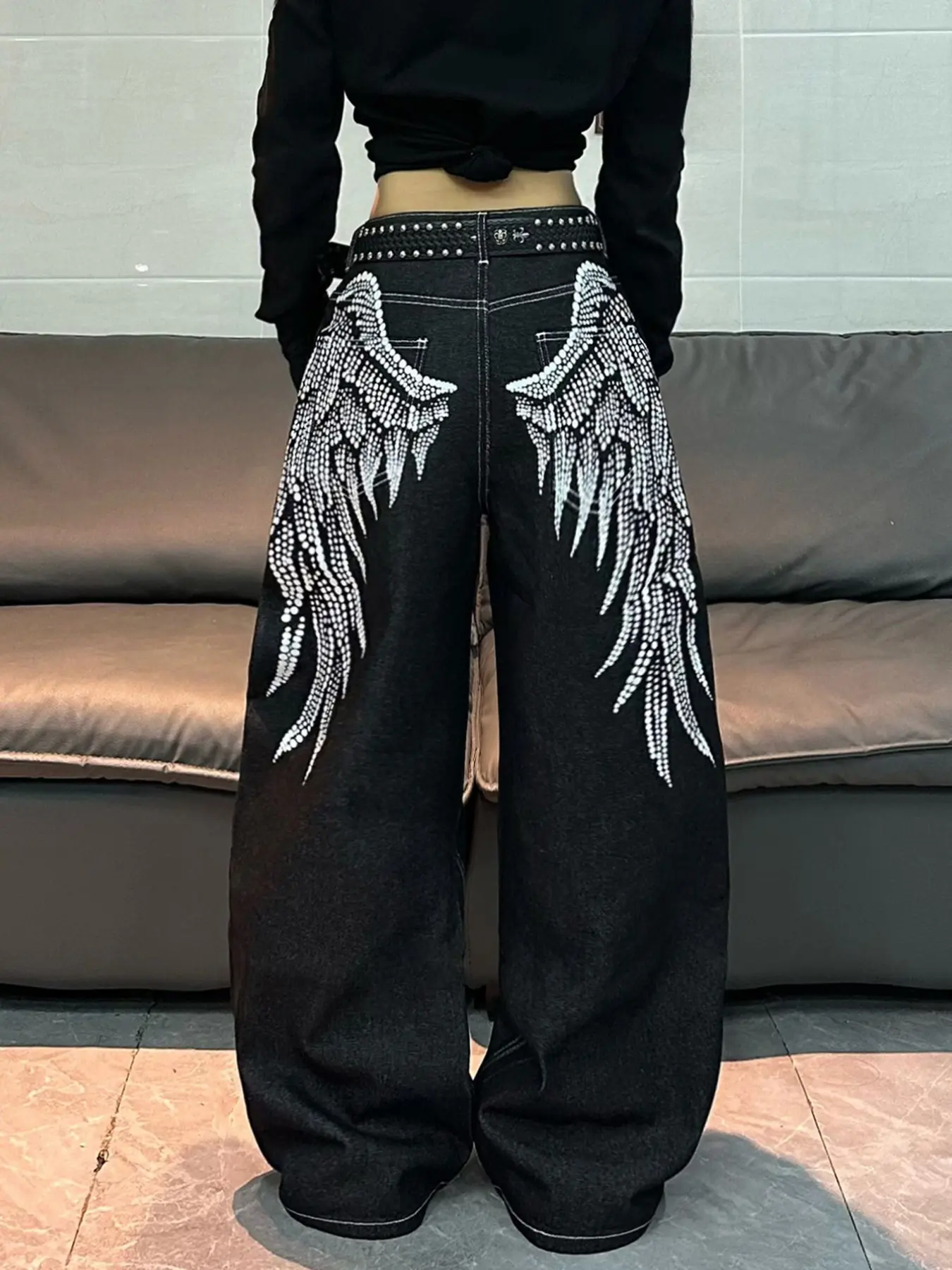 Women's High Waist Wide Leg Jeans, Y2K Street Fashion Streetwear, Wing Print, Loose Fit, All Seasons, Casual Daily Wear