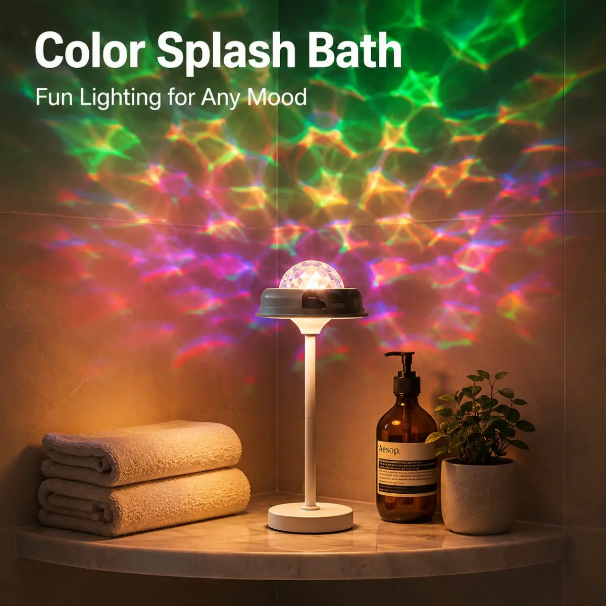 Cordless LED Wave Effect Mood Lamp, USB Rechargeable Ambient Projector Light with Color Changing Modes, Touch Control Decorative Shower Light for Bathroom, Bathtub, Bedroom, Spa Room & Relaxing Home Decor