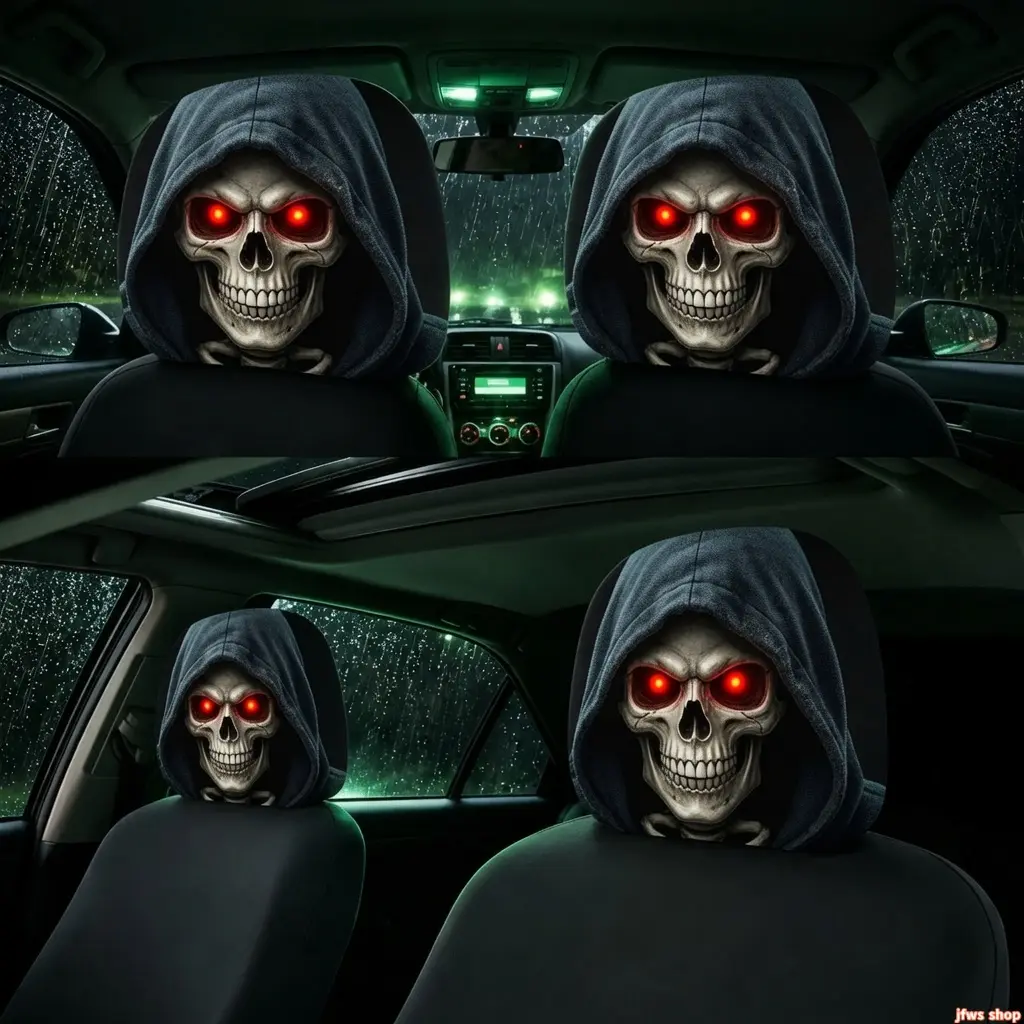 Unisex Double-Sided Print Car Headrest Cover with Ghost and Skull Pattern for Halloween Horror Decor Full Coverage Universal Fit Easy Installation Lightweight Soft Breathable Fabric for SUV Sedan Truck Daily Commute Road Trip Party Festival Gift homedecor