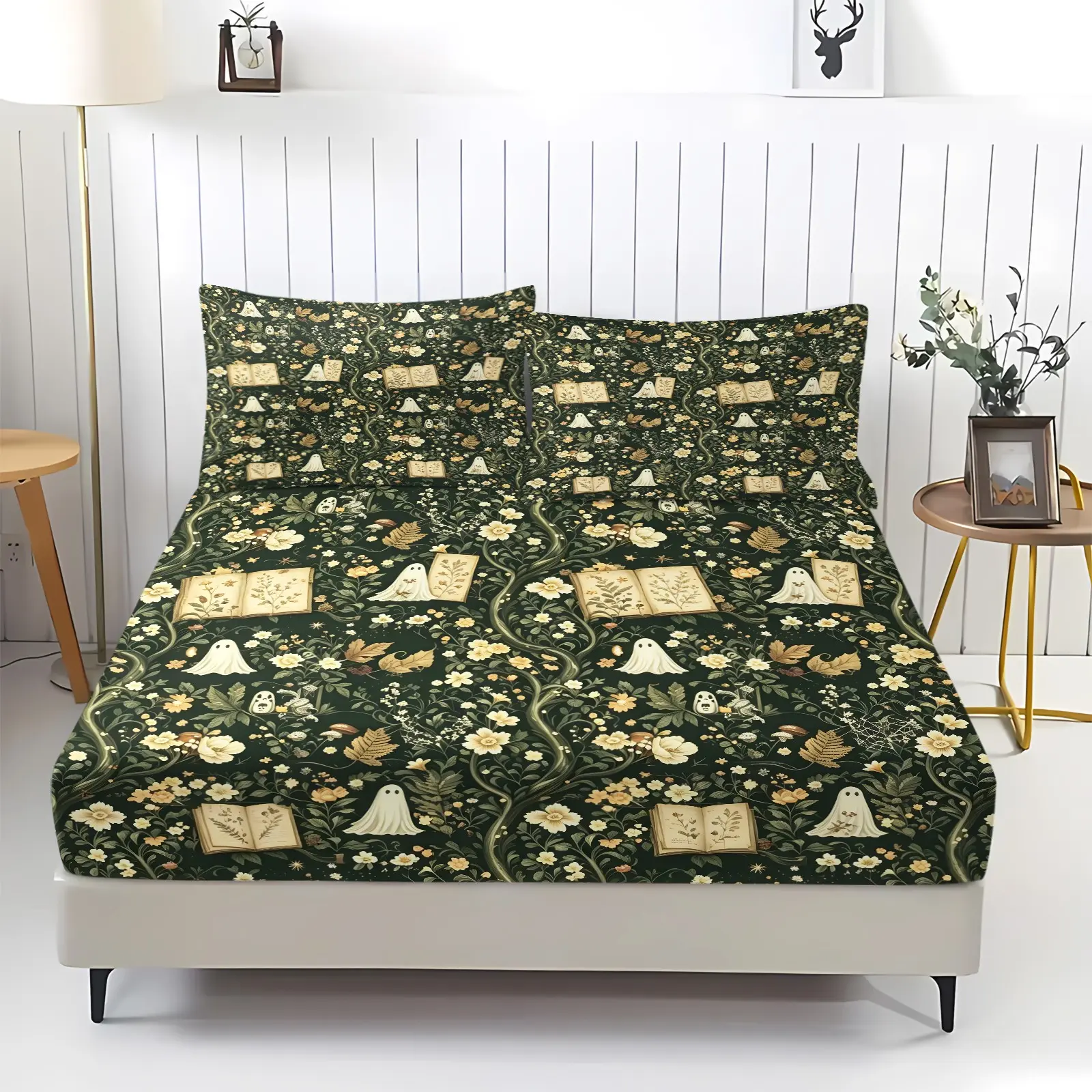 Fitted Sheet Set, Bed sheet set, Dark Cottagecore Digital Print Bed Sheet With Cute Ghost, Vintage Book & Floral Vine Pattern, 360° Elastic Wrap‑Around Fitted Sheet, Includes 2 Pillowcases - without Core for Halloween Bedroom Decor