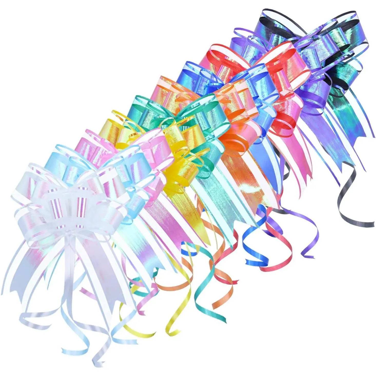 Iridescent Colorful Pull Bow Ribbon Assortment - 10 Unique Colors, 6" Diameter, Easy Assembly, Decorative Gift Wrapping Accessory for Gift Baskets, Boxes, Weddings