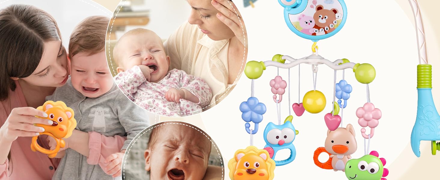 Crib Mobile with Music and Lights, Baby Mobiles for Cribs, Nursery Musical Mobile for Bassinets Toys Hanging Girls Boys, Pack and Play Space Portable Animal Mobile Hanger Arm Clip On Attachment