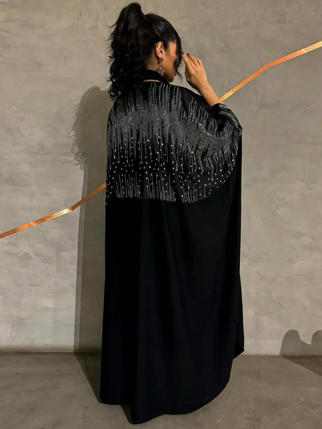 Luxurious Long Formal Cardigan with Rhinestones, Gradient Back Design, Bat Wings Wide Sleeves, Perfect for Events and Parties