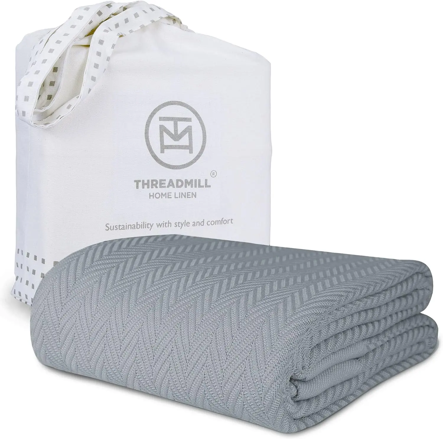 Threadmill Luxury Cotton Blankets for Queen Size Bed | All-Season 100% Cotton Queen Size Blanket | Herringbone Cozy, Soft Breathable Fall Thermal Blanket fits Full Size Bed | Scottish Grey