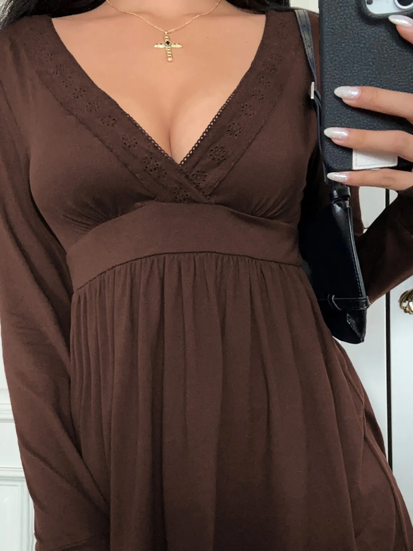 Deep Lace Trim V-Neck High Waist Long Sleeve Mini Dress, Retro Elastic Soft Fabric, A-Line Hem, American Vintage Casual Chic Style