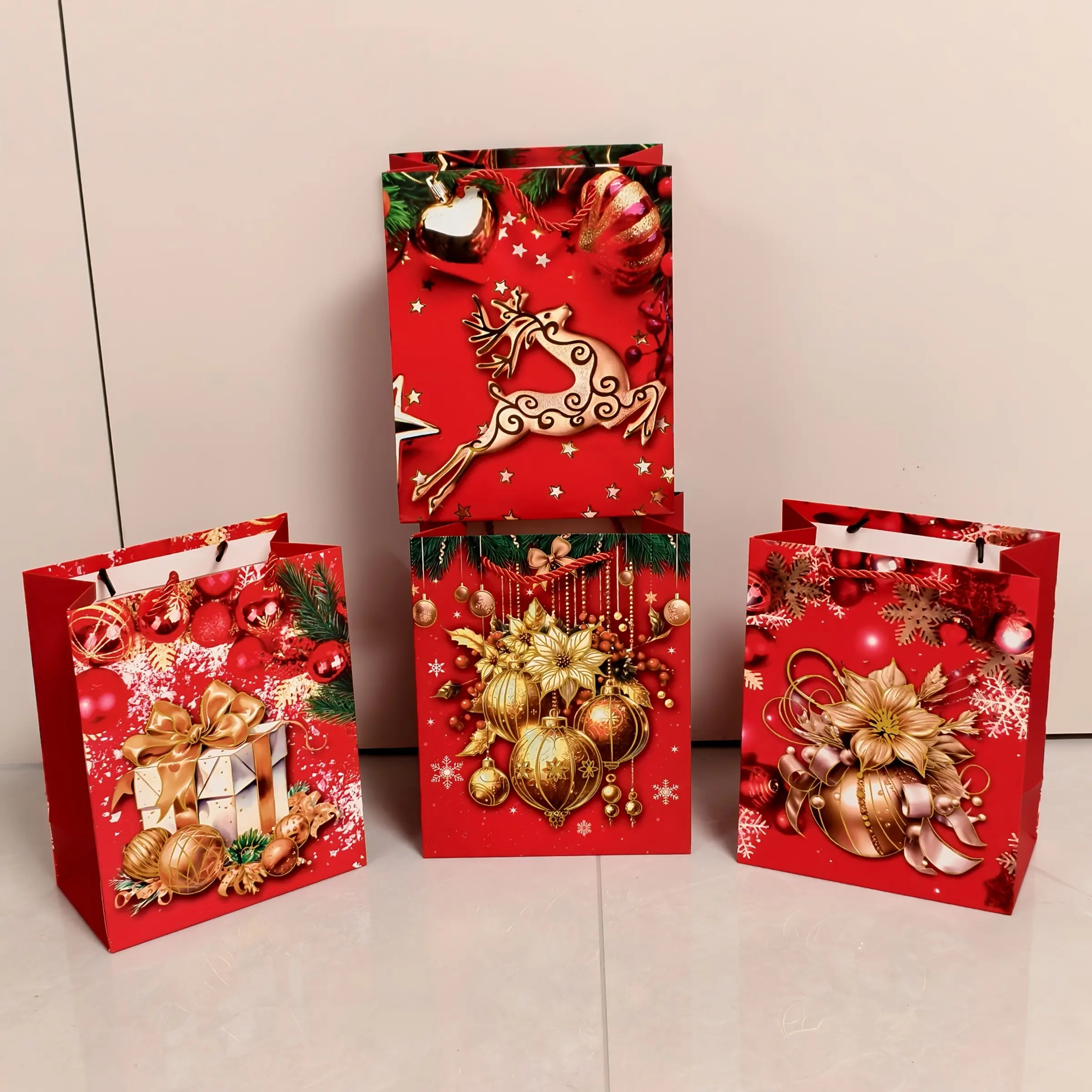 4pcs Christmas Gift Bags, Gold Holiday Tote Pouches, Reindeer Design, Party Favor Bags, Elegant Festival Packaging, Wholesale Set