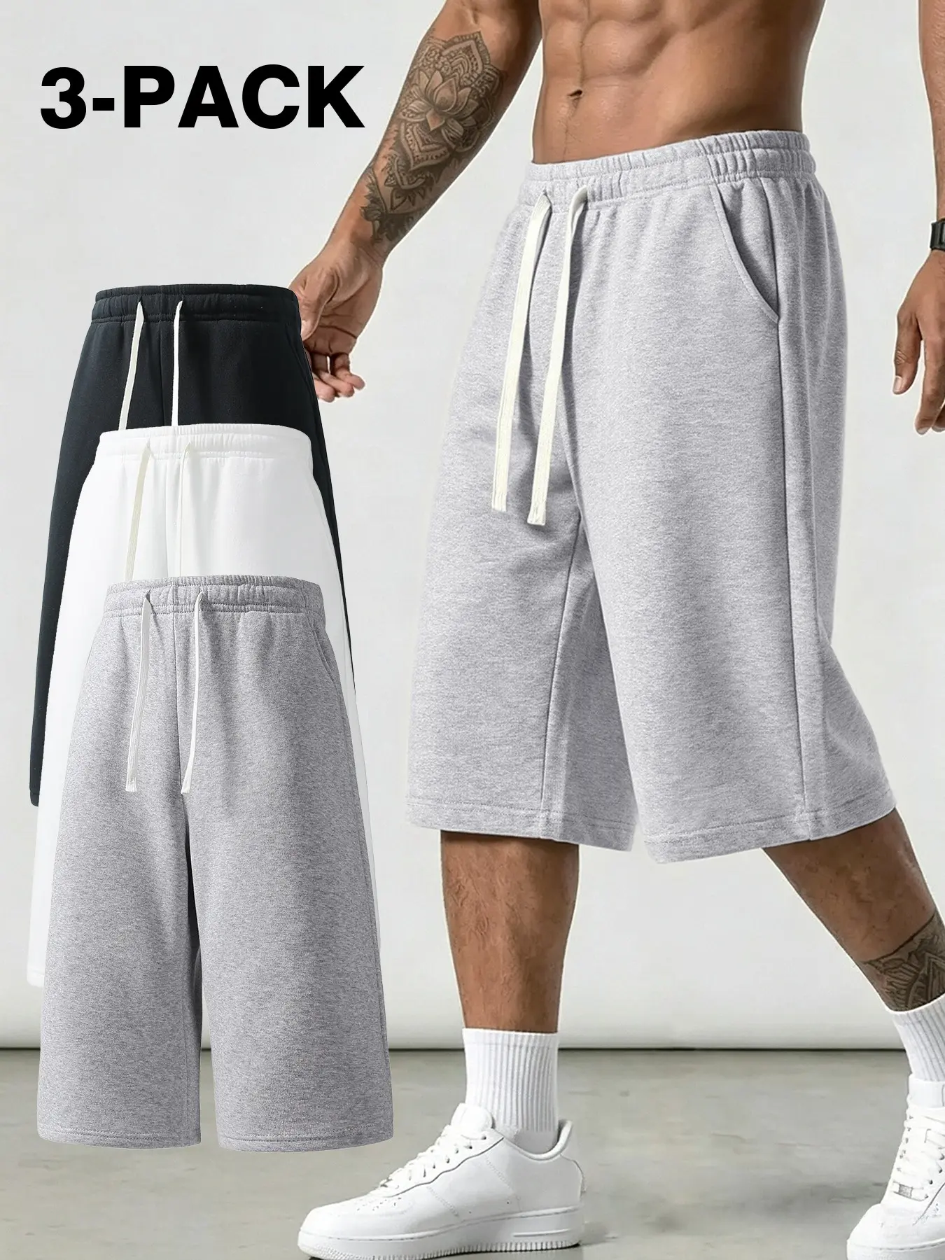 Men’s 3 Pack Wide Leg Knee Length Sweat Shorts, Elastic Drawstring Waist Casual Athletic Capri Pants 2026 Hot Streetwear, Soft Thick Brushed Knit Fabric, Deep Side Pocket Design, Loose Straight Relaxed Fit, Wrinkle Resistant Breathable Daily Jogger