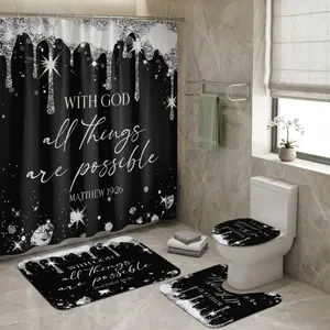 4pcs Christian Shower Curtain Set, With God All Things Are Possible Matthew 19:26, Black White Starry Sparkle Faith Bathroom Decor, Holiday Gift, TikTok Shop Trend