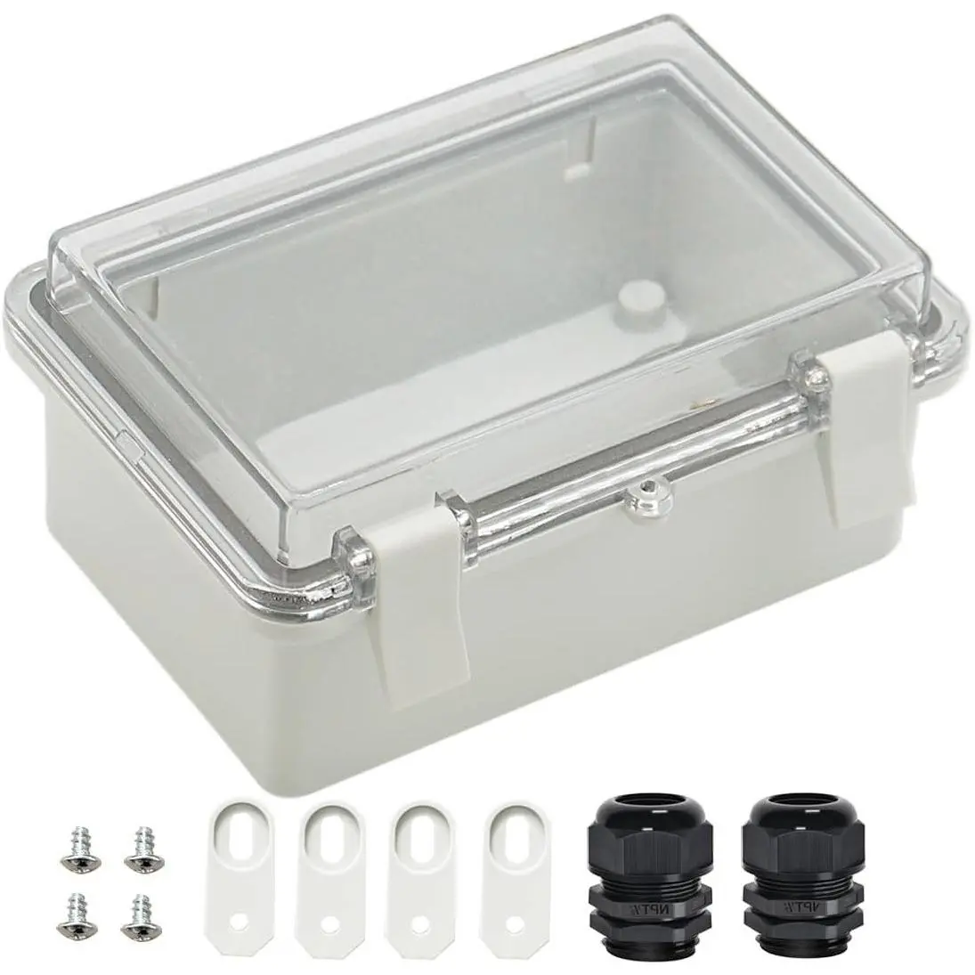 Junction Box ABS Plastic Dustproof Waterproof IP65 Electrical Enclosure Hinged Shell Outdoor Universal Project Clear Cover with 2 Cable Glands 5.9 x 3.9 x 2.8 inch (150x100x70 mm)Gift