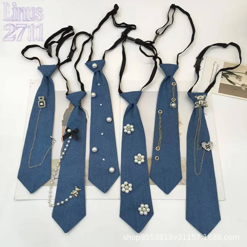 Pre-tied Denim Neck Tie Cute Pearl Chain Bear Heart Decor Adjustable Elastic Lazy No-tie Necktie JK Uniform Ins Streetwear Shirt Accessory For Women Men