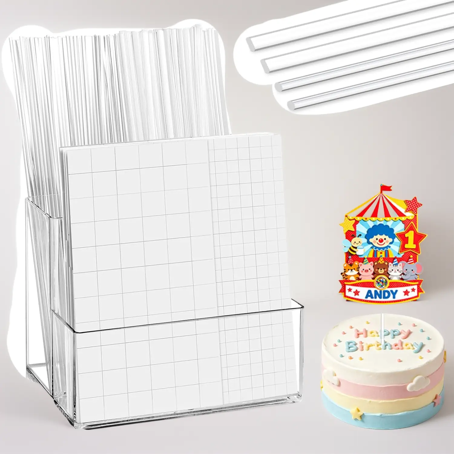 DIY Cake Decorating Kit: 80 Pcs Clear Acrylic Topper Sticks(7.87") & 1320 Precut Double-Sided Foam Tapes |   Perfect for Cupcakes, Party Decorations, and Handmade Crafts