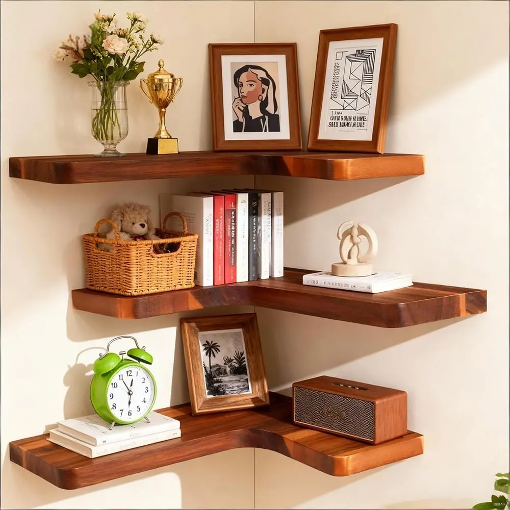 Floating Corner Shelves, Wall Shelf Set of 3, Shelves for Wall Storage, Solid Wood Shelves for Storage, Wall Mount Wooden Display Shelf for Bathroom Bedroom Kitchen Garage (Acacia, 3pcs)
