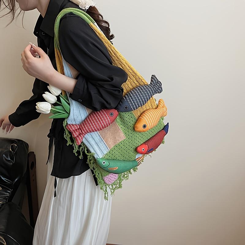 2026 New Niche Versatile Fashion Patchwork Personality Fish Handbag Knitted Tote Bag for College Students, Large Capacity Women's Bag for Class and mute
