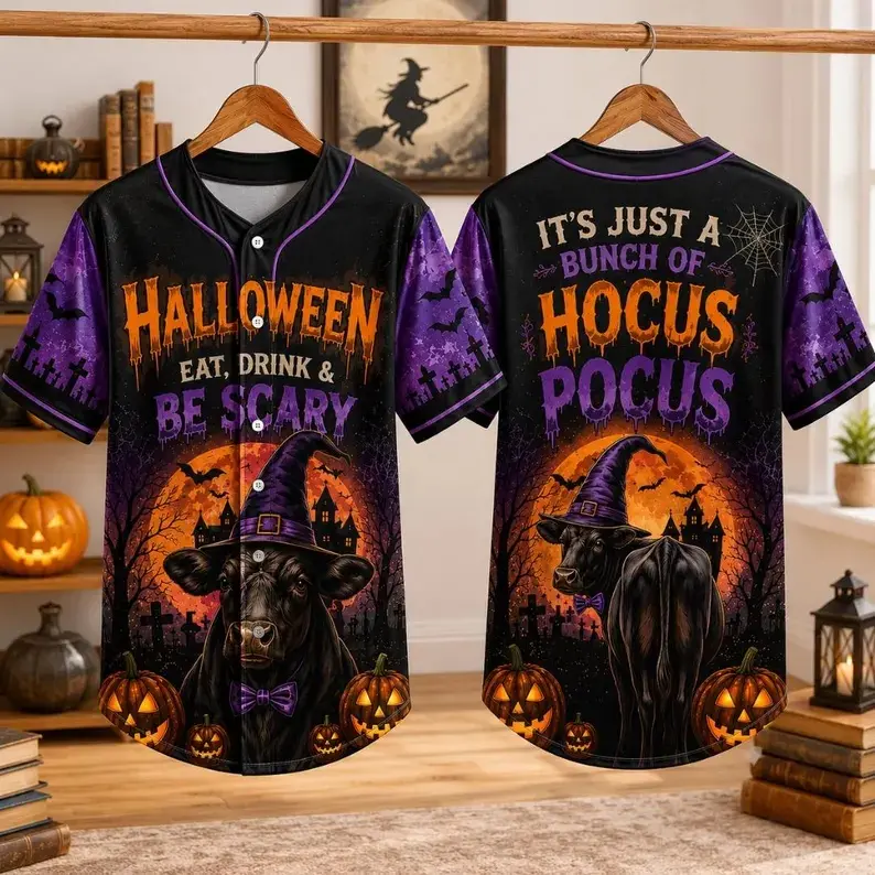 Halloween Baseball Jersey Black Angus Shirt, Funny Witch Black Angus Cow Button Up, Halloween Gifts