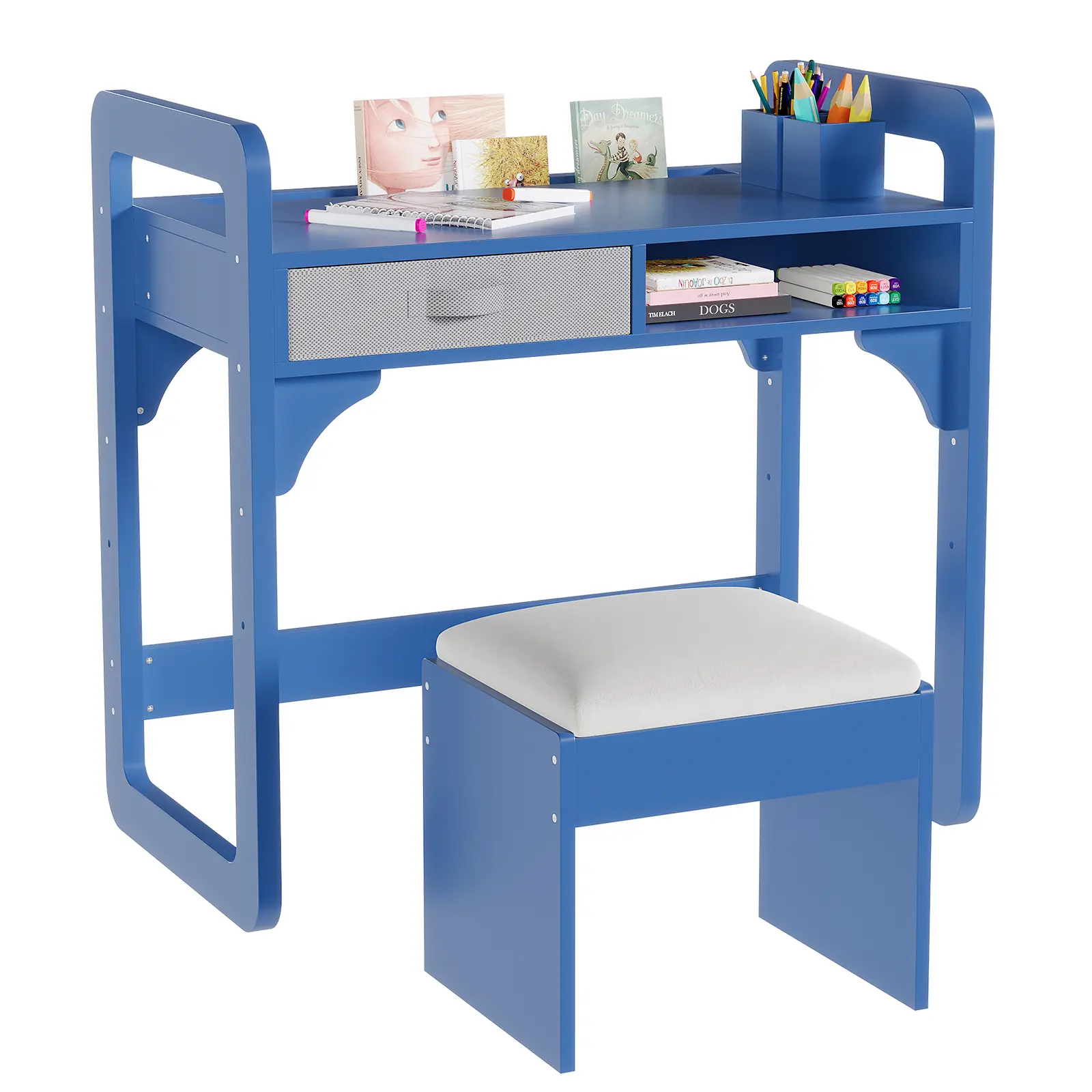 Wooden Kids Desk and Chair Set with Cloth Drawers - Pen Holder Included - Children's Indoor Furniture Desk for Learning, Writing - Ideal for Bedroom, Study Area, Desk Set