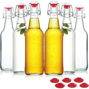 Clear Glass Beer Bottles for Home Brewing with Easy Wire Swing Cap & Airtight Silicone Seal 16 oz- Case of 6