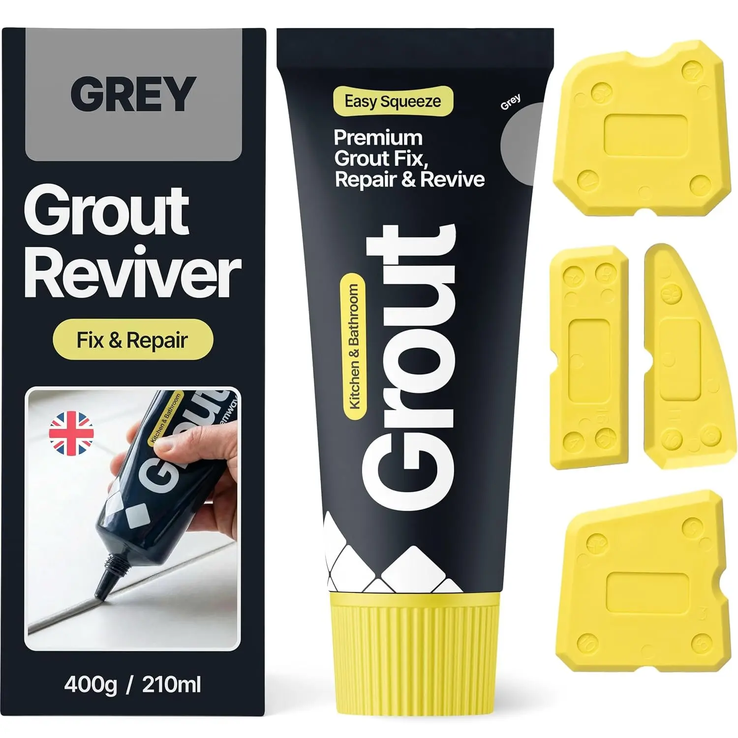 Grey Grout Reviver Kit |   Grout Repair 400g / 210ml with 4 count Profiling Tool Kit | Wall & Floor Tile Adhesive, Kitchen Bathroom Shower,  Drying