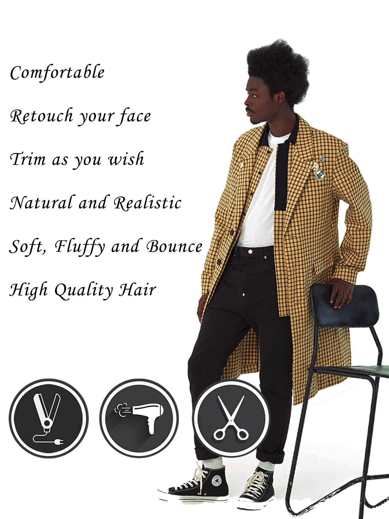 Men's Afro Curly Short Wigs 70s 80s Disco Rocker Style, 100% Human Hair, 6 Inch Black African Kinky Curly 8*10”Lace Base for Daily Wear, Party & Cosplay