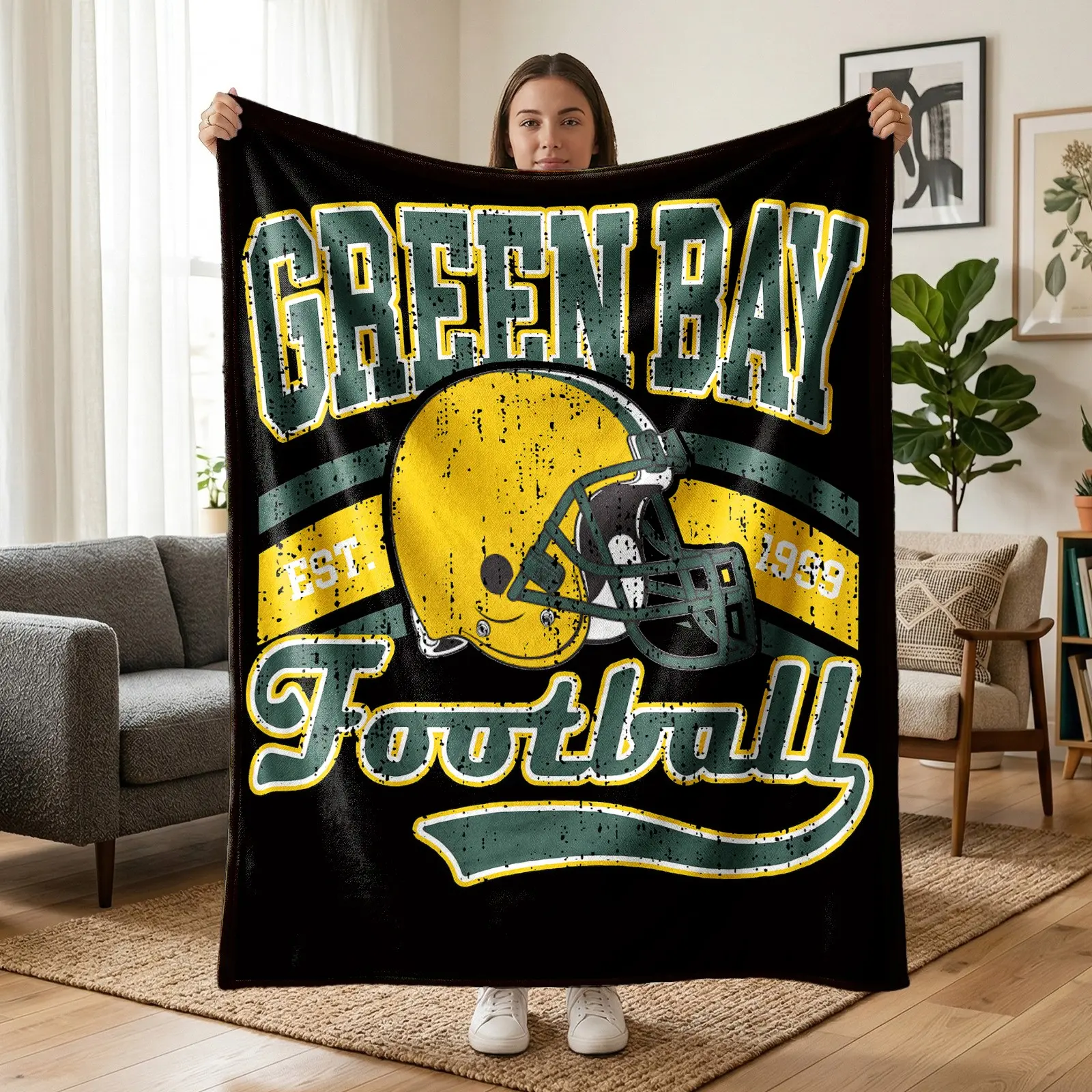 1PC Green Bay Football Theme Flannel Fleece Throw Blanket, Vintage Green Yellow Helmet Sports Design, Soft Cozy Warm Lightweight Blanket for Sofa Bed Office Travel Camping, Football Fan Birthday Christmas Gift