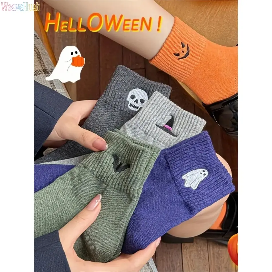 5‑Pack Viral Cute Halloween Women Crew Socks, Fall Winter Daily Wear Essentials, Funny Pumpkin Ghost Cartoon Mid‑Calf Knit Socks, Soft Stretch Warm Novelty Socks for Daily Work School Halloween Party & Holiday Gifts