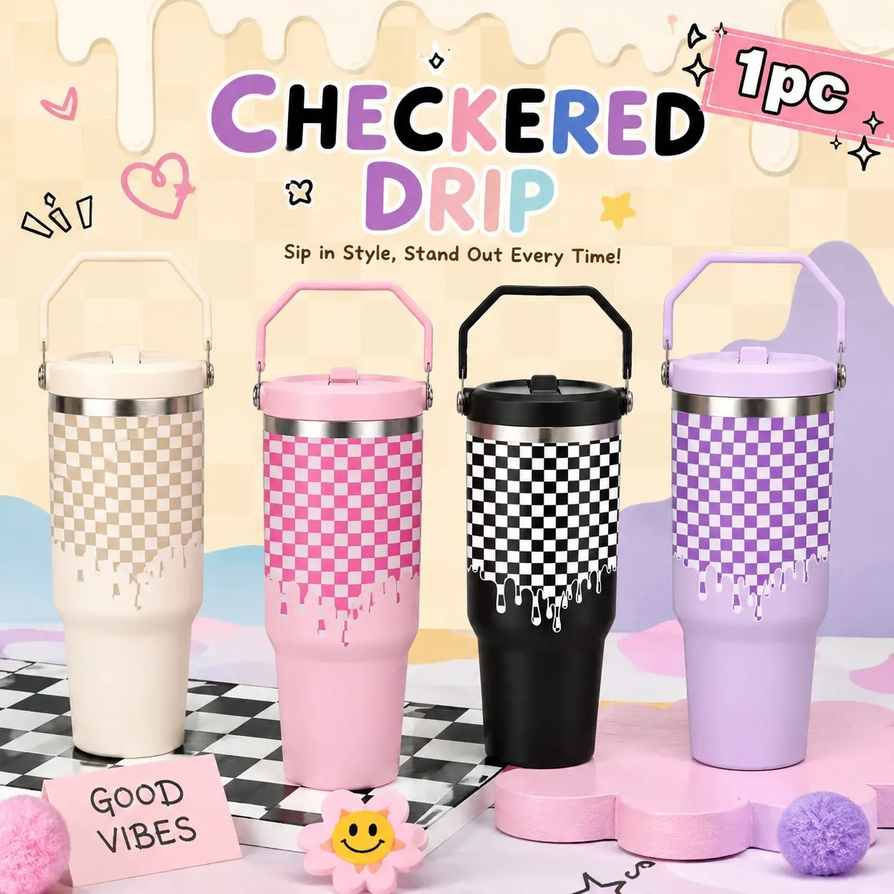 30oz Black & White Checkerboard Drip Printed Tumbler with Handle, Trendy Checkered Stainless Steel Insulated Travel Mug, Halloween Party Cup, Black Friday Favorite, Christmas Holiday Gift, New Year Party Coffee Tumbler, Leakproof Vacuum Cup, Flasks