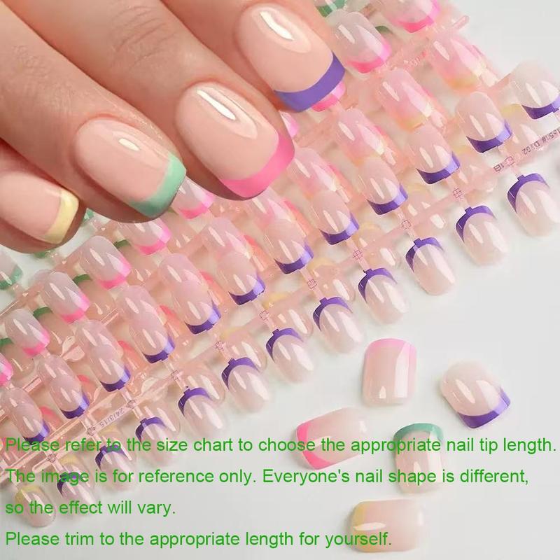 144Pcs Square Press on Nails Short - Rainbow Six Colors French Tip Design Extra Short Fake Nails Press ons, Vibrant Colors Full Cover Artificial Nails Glossy Cute Nails for Women Girls Manicure Nails Decoration and  Salon