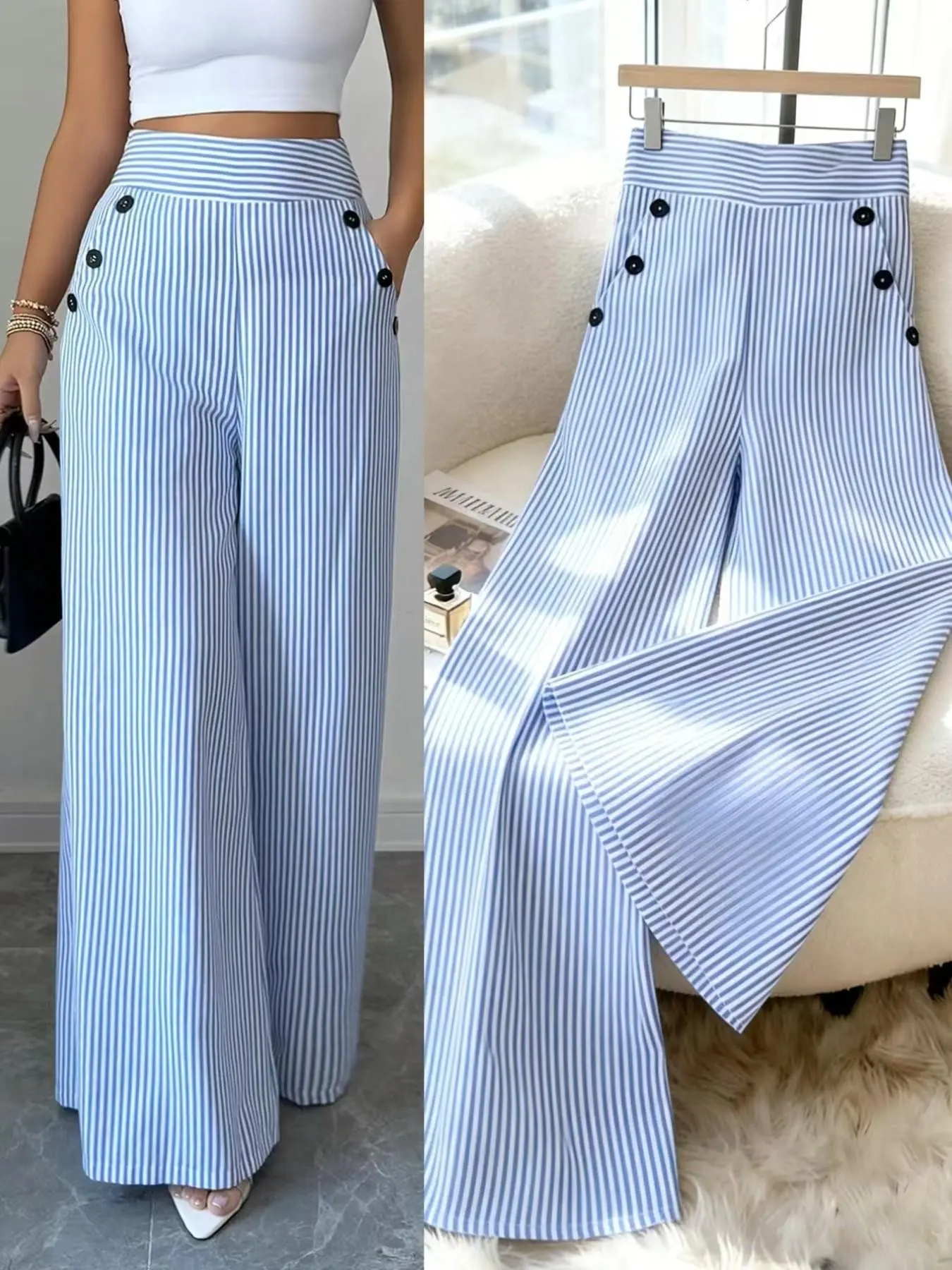 Summer High Waist Vertical Striped Wide Leg Pants, Casual Style Bottoms, Light Blue White Thin Stripe Fabric Side Decorative Black Buttons Loose Full Length Trousers For Office Commute Street Shopping Coffee Shop Daily Casual Outfits For Young Women
