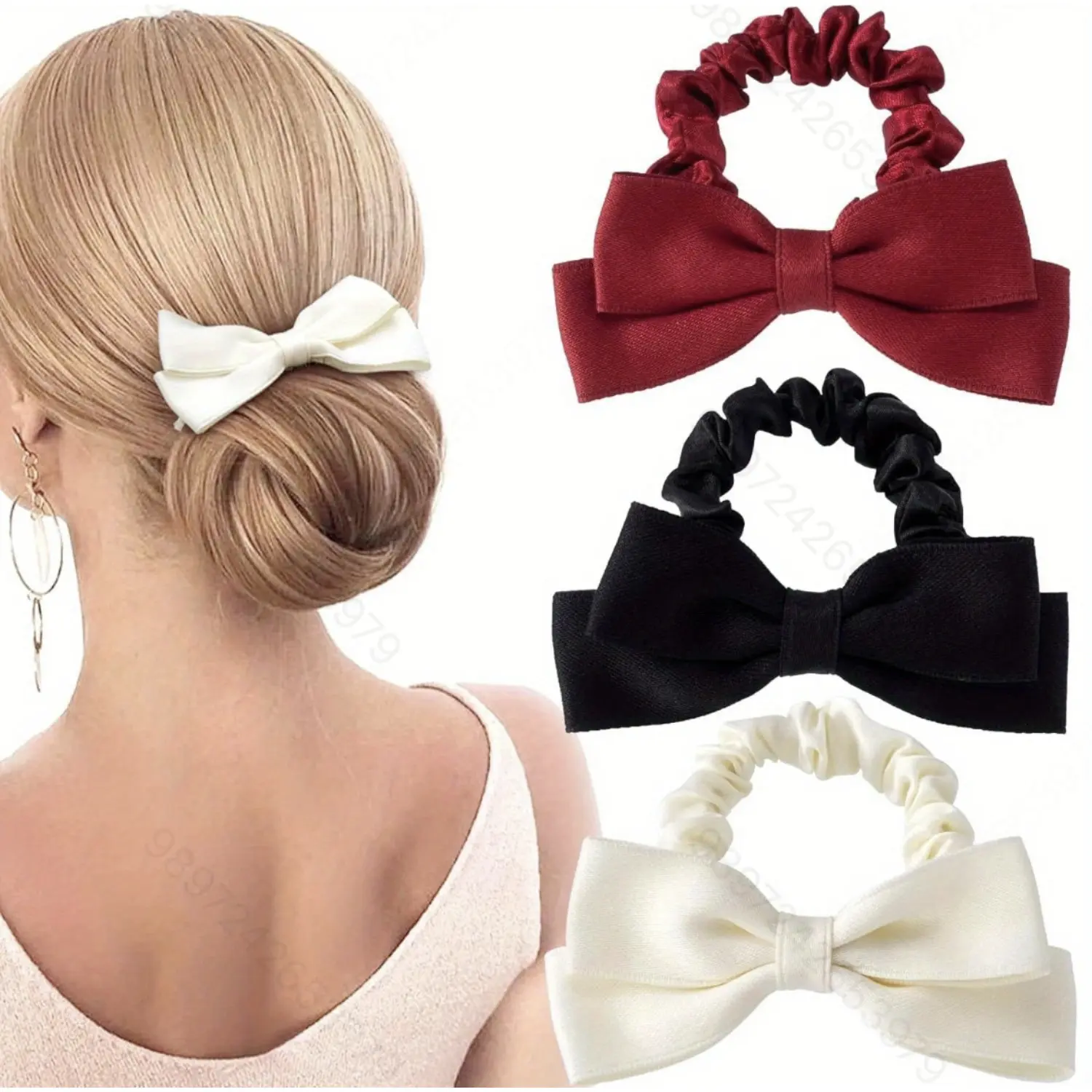 Satin Bow Scrunchies Large Hair Ties Elegant French Double Layer Ribbon Ponytail Holder Multifunctional Hair Bun Accessories for Women Girls Pack
