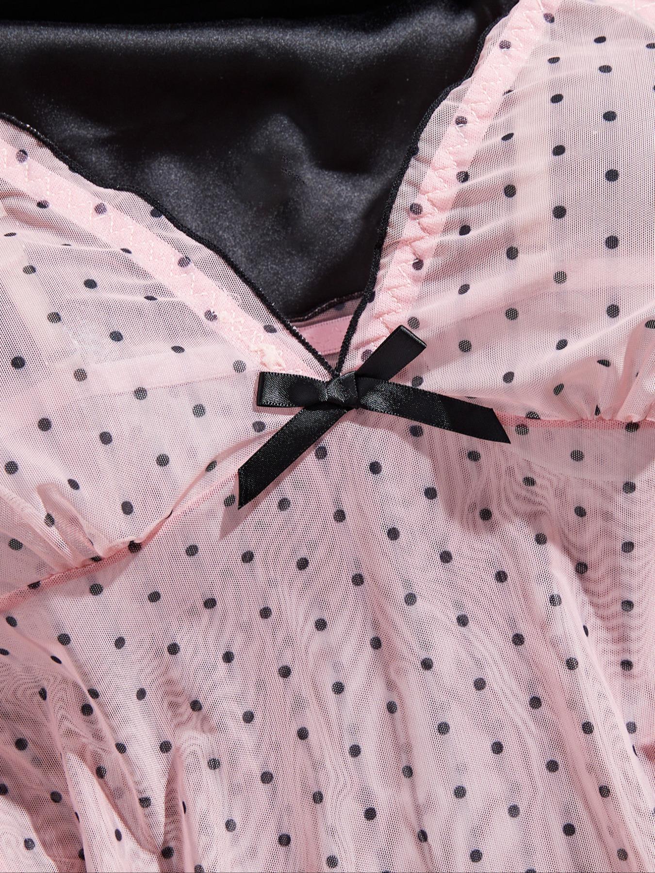 Women's Polka Dot Sheer Mesh Sleepwear Set, Elegant Ruffle Hem Nightgown with Bow Front Decor, Comfortable All-Season Pajamas