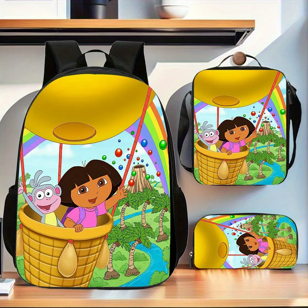 Dora the Explorer's Hot Air Balloon and Little Monkey Backpack Three-Piece Set: Regular Oxford fabric backpack with lunch bag and pencil case, suitable for daily study and short trips