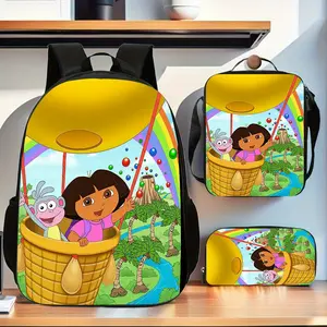 Dora the Explorer's Hot Air Balloon and Little Monkey Backpack Three-Piece Set: Regular Oxford fabric backpack with lunch bag and pencil case, suitable for daily study and short trips