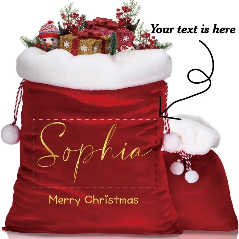 Personalized Santa Claus Gift with Name & Merry Christmas - Christmas Stocking with Golden Lettering, Festive Holiday Design for Family Gifts, Reusable Storage Bags (No-Sew), Drawstring Closure