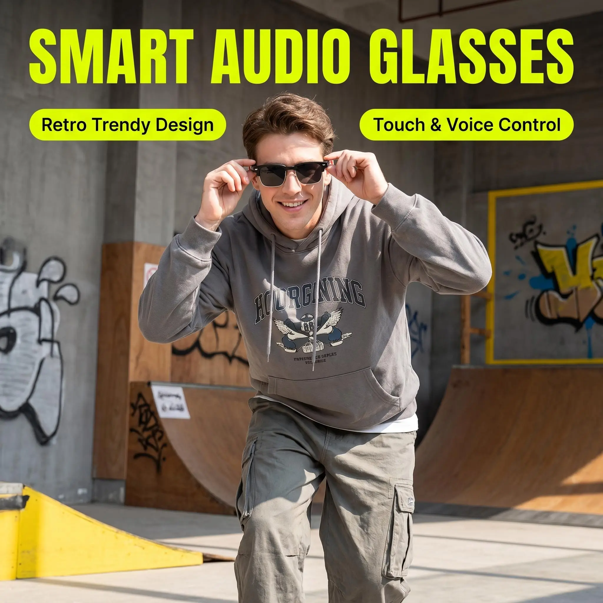 Retro Metal Semi-Rimless Wearable Smart Glasses A02 - Bluetooth 5.4 Wireless Hands-Free Audio Call, Adjustable Frame, Multi-Language Real-Time Translate, Music Playback for Travel, Work (Android Compatible)
