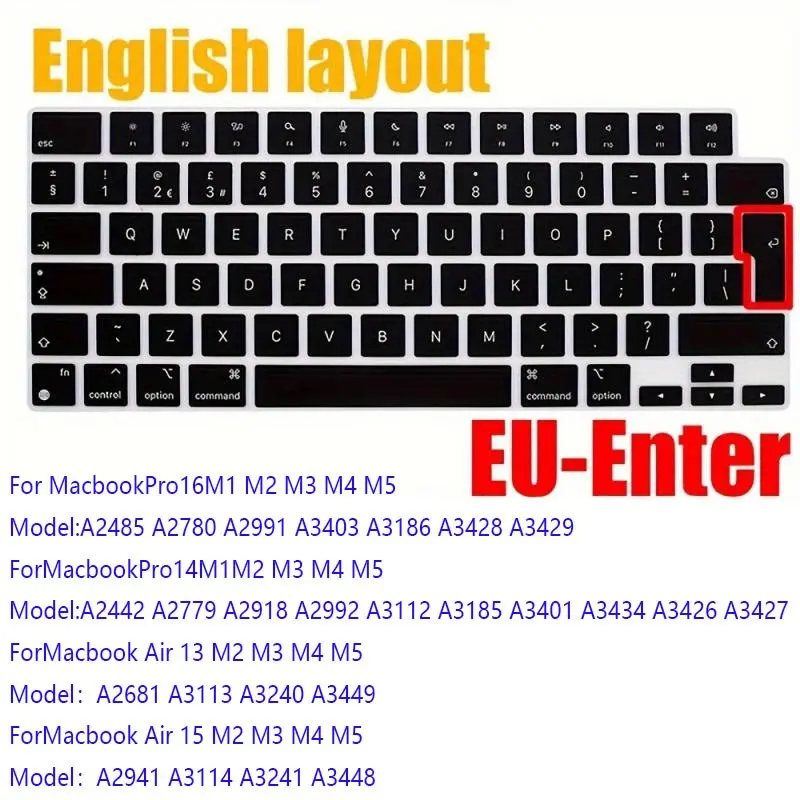 Silicone keyboard protective film suitable for Macbook Air 13.6 15-inch models (ISO 2026-2022) with M5, M4, and A2681/A2941 chips, and Macbook Pro 14 16-inch models (2023-2021) with M3, M2, M1 Pro/Max, and A2779/A2780/A2442/A2485 chips.