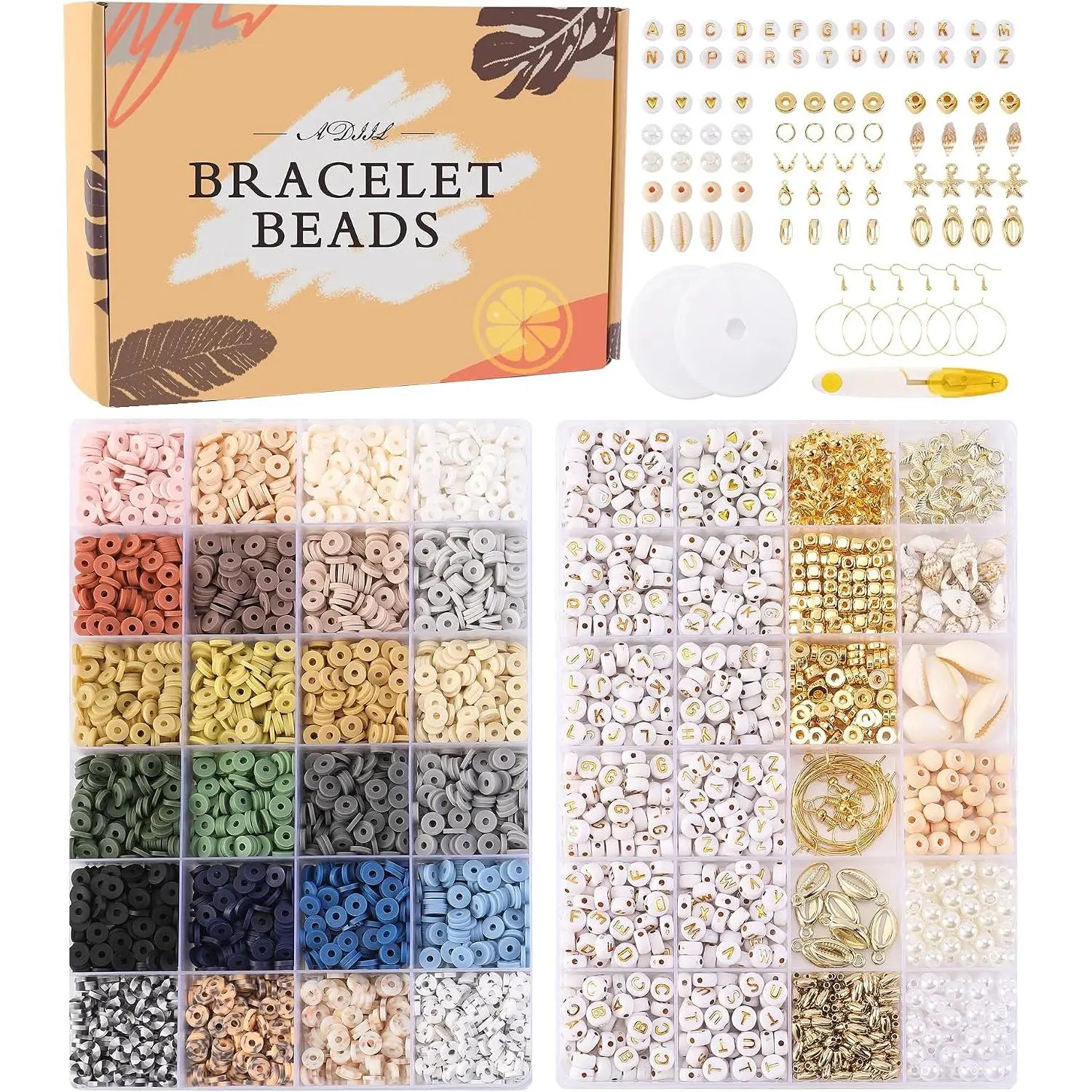7200 count Clay Beads Friendship Bracelet Making Kit, 24 Colors 6mm Polymer Heishi Beads, Neutral