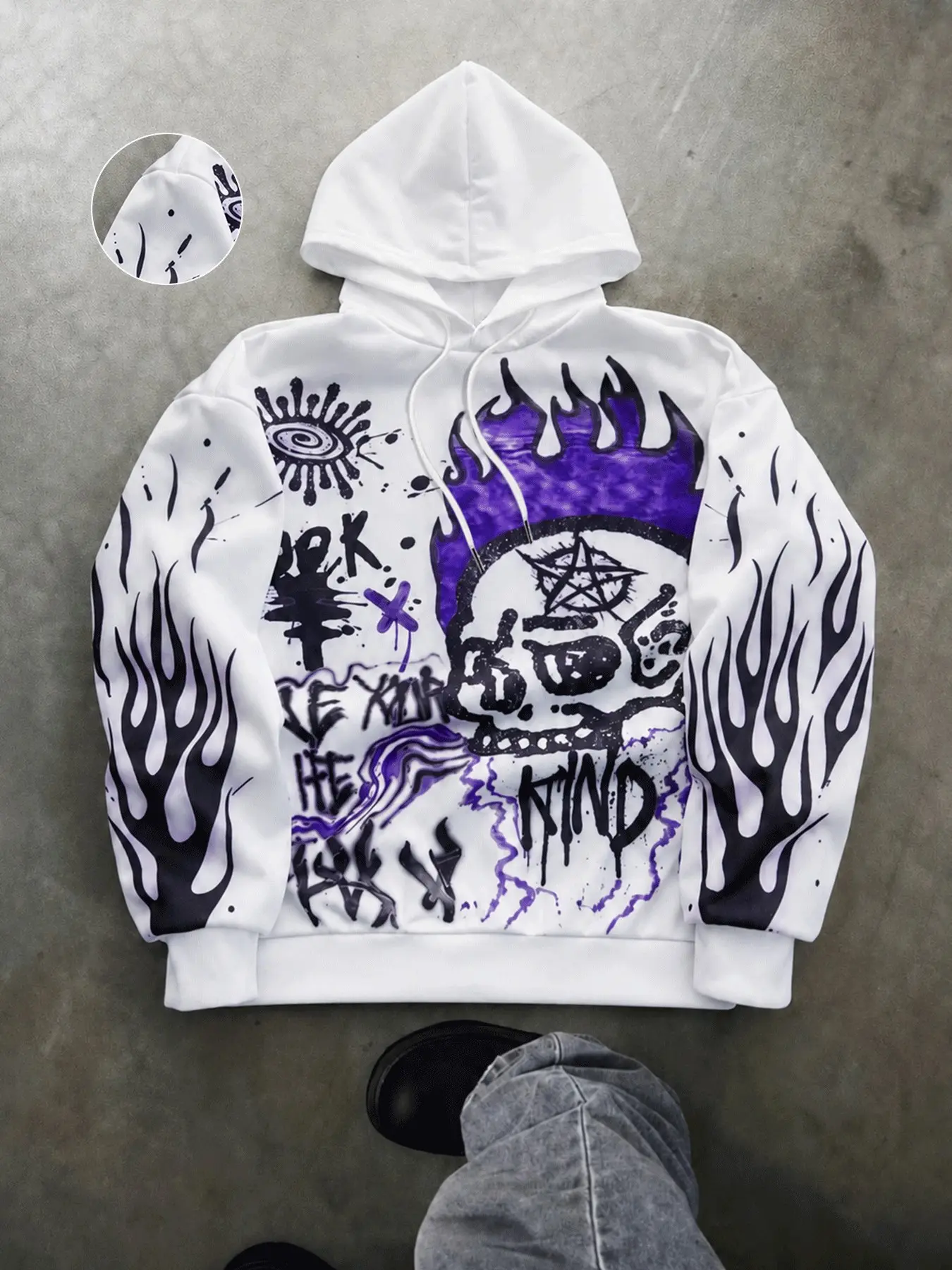 Men's White Oversized Pullover Hoodie, Purple Flame Pentagram Skull Graffiti Full Print Black Flame Sleeve Gothic Punk Y2K Grunge Streetwear Loose Long Sleeve Hooded Sweatshirt with Kangaroo Pocket for Men