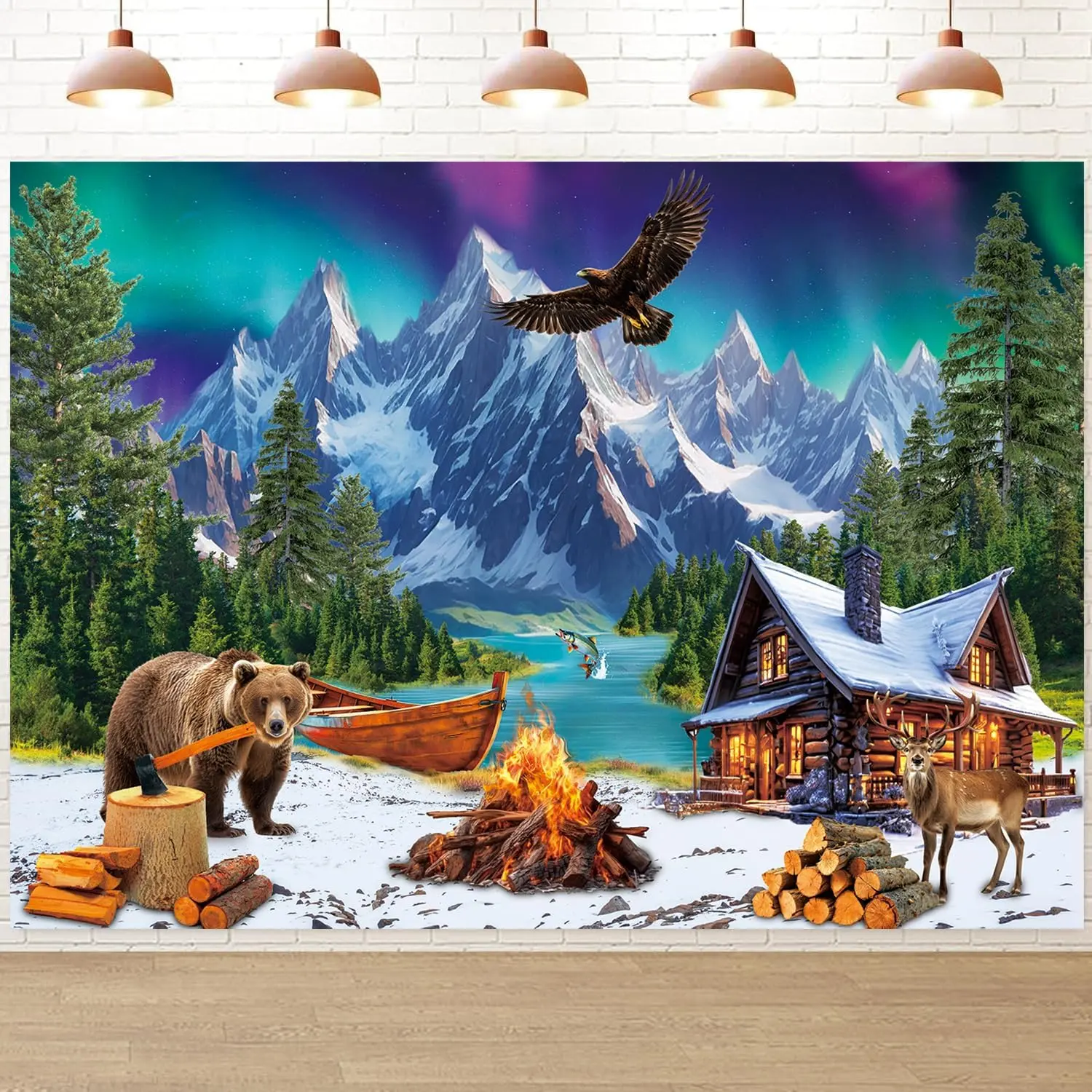 Arctic Adventure Photography Backdrop 7x5FT  Snow Mountain  Campfire Forest Scene Background  Adults Camping Party Decorations Photo Props