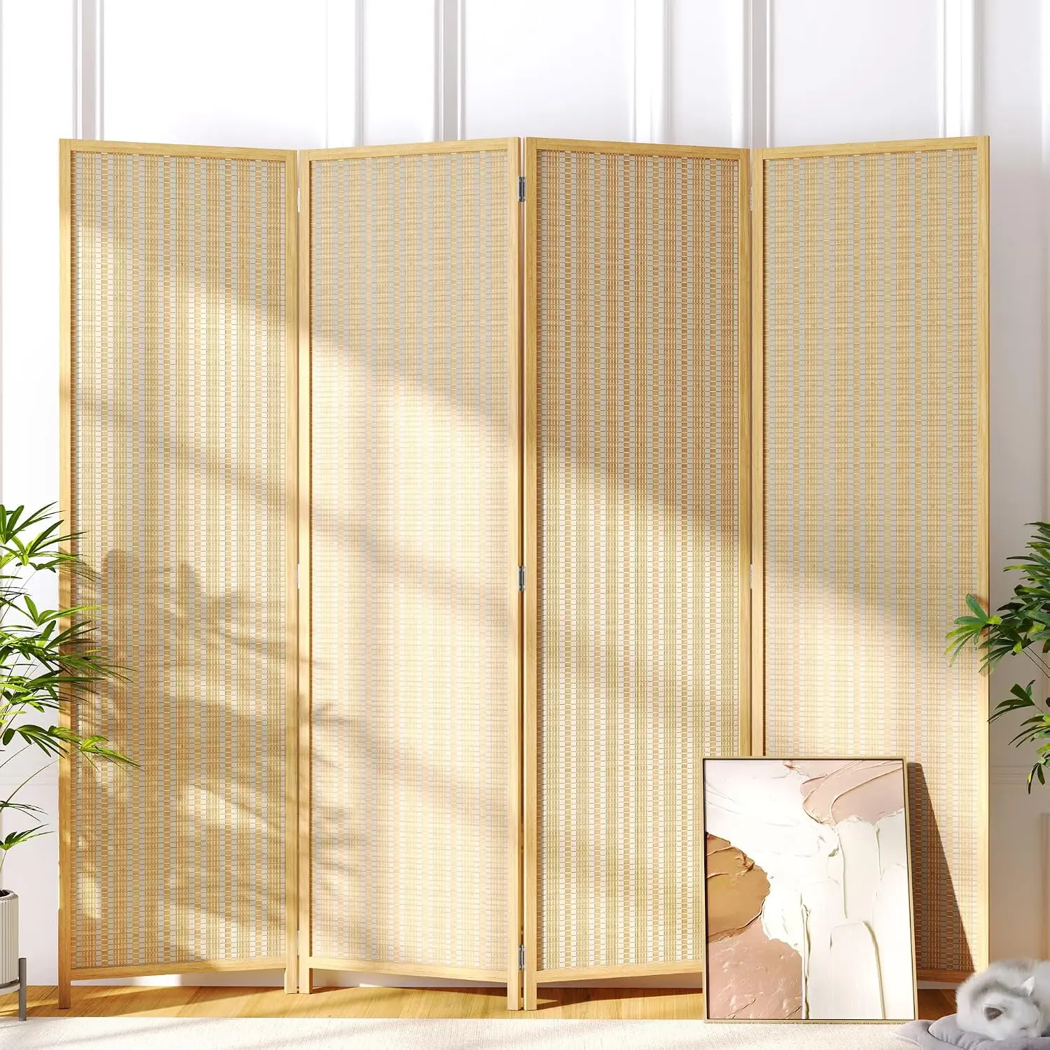 Room Divider 4 Panel Folding Privacy Screen, Bamboo Room Divider Screen - 6 ft. Tall Wall Divider for Room Separation Freestanding Partition Separators, Beige, 70.9" H x 79.9" W
