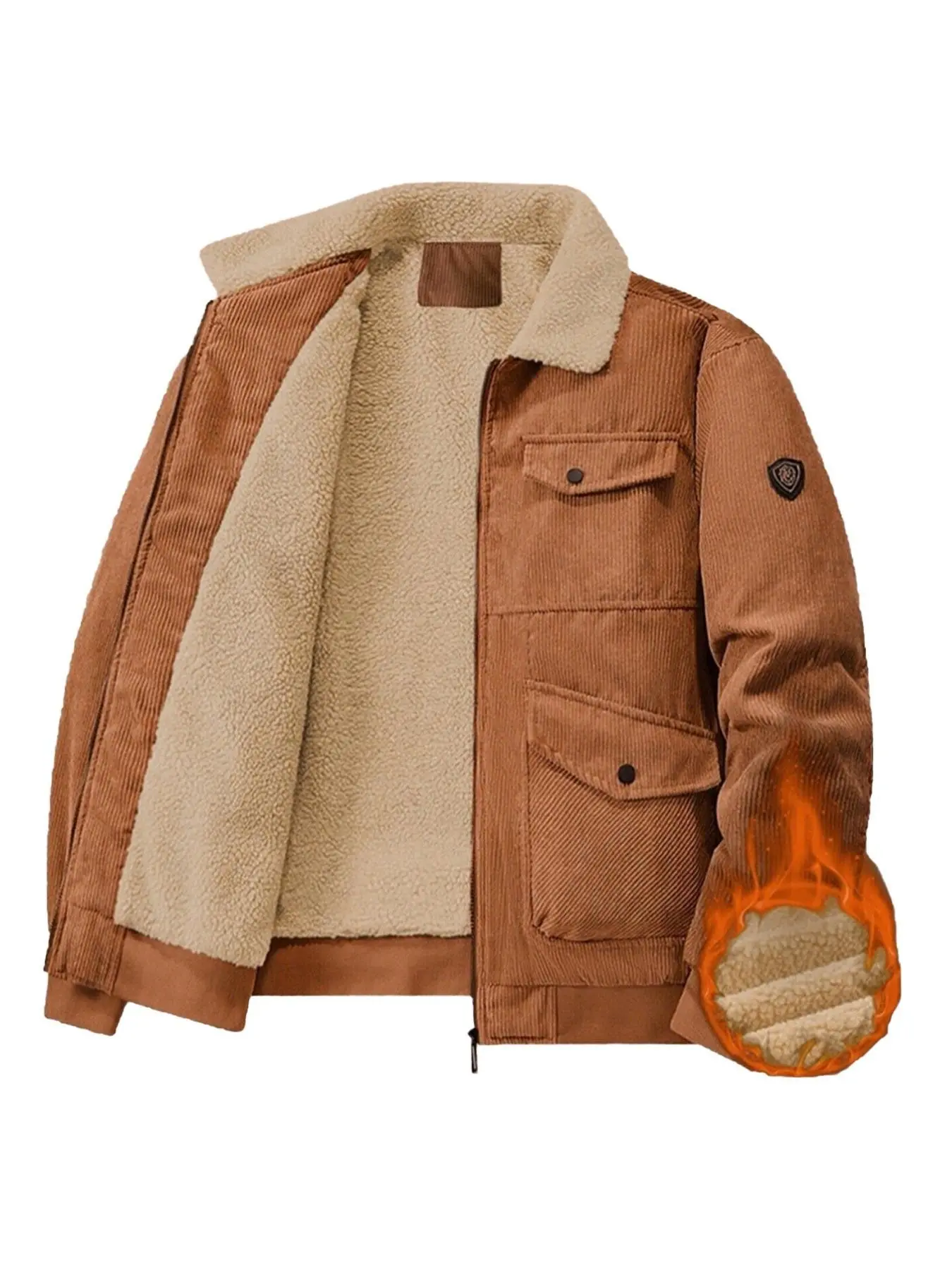 Men's Thick Sherpa Lining Corduroy Long Sleeve Plain Jacket, Winter Warm Lapel Design, Multiple Pockets, Casual Work Coat, Slim Fit, Fall & Winter