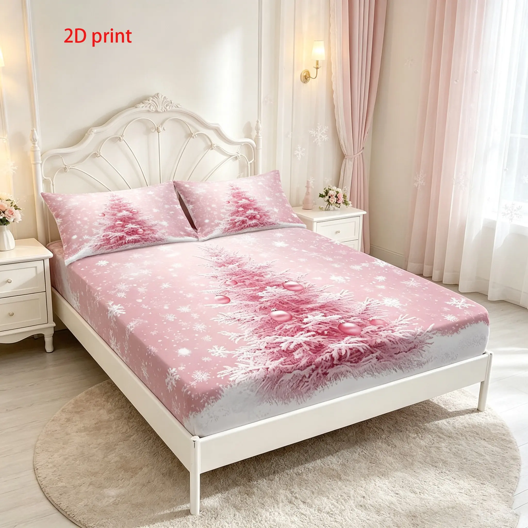 Fantasy Snowflake Pink Christmas Tree Fitted Sheet 3-Piece Set, including 1 fitted sheet and 2 pillowcases (unfilled), high-quality bedding protector for Christmas season, multiple sizes available