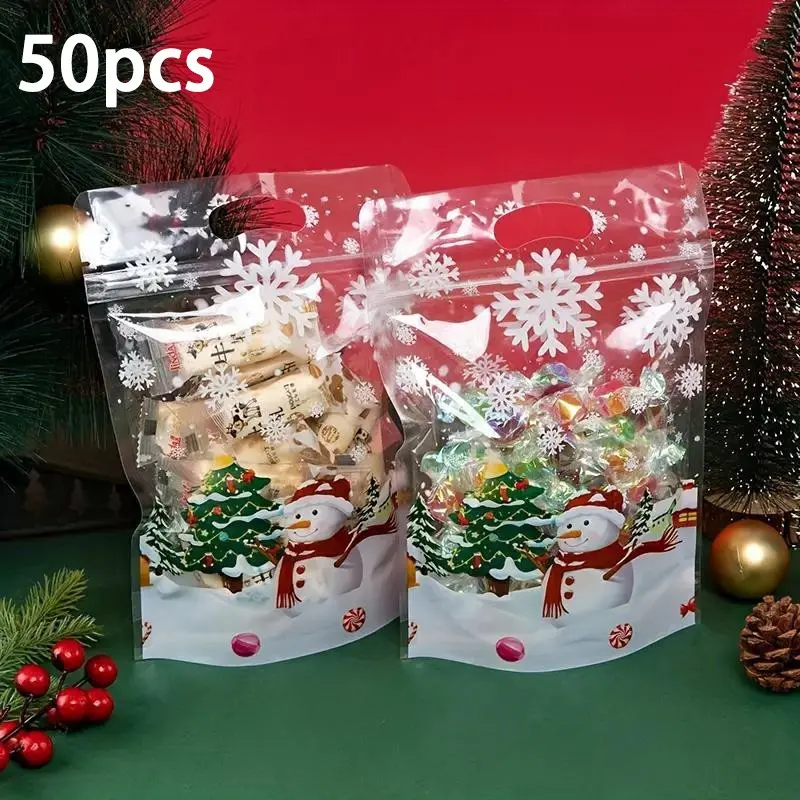 50pcs Christmas Snowflake Snack Bags, Transparent Plastic Candy and Treat Gift Bags, Holiday Snowflakes and Tree Design, Party Supplies
