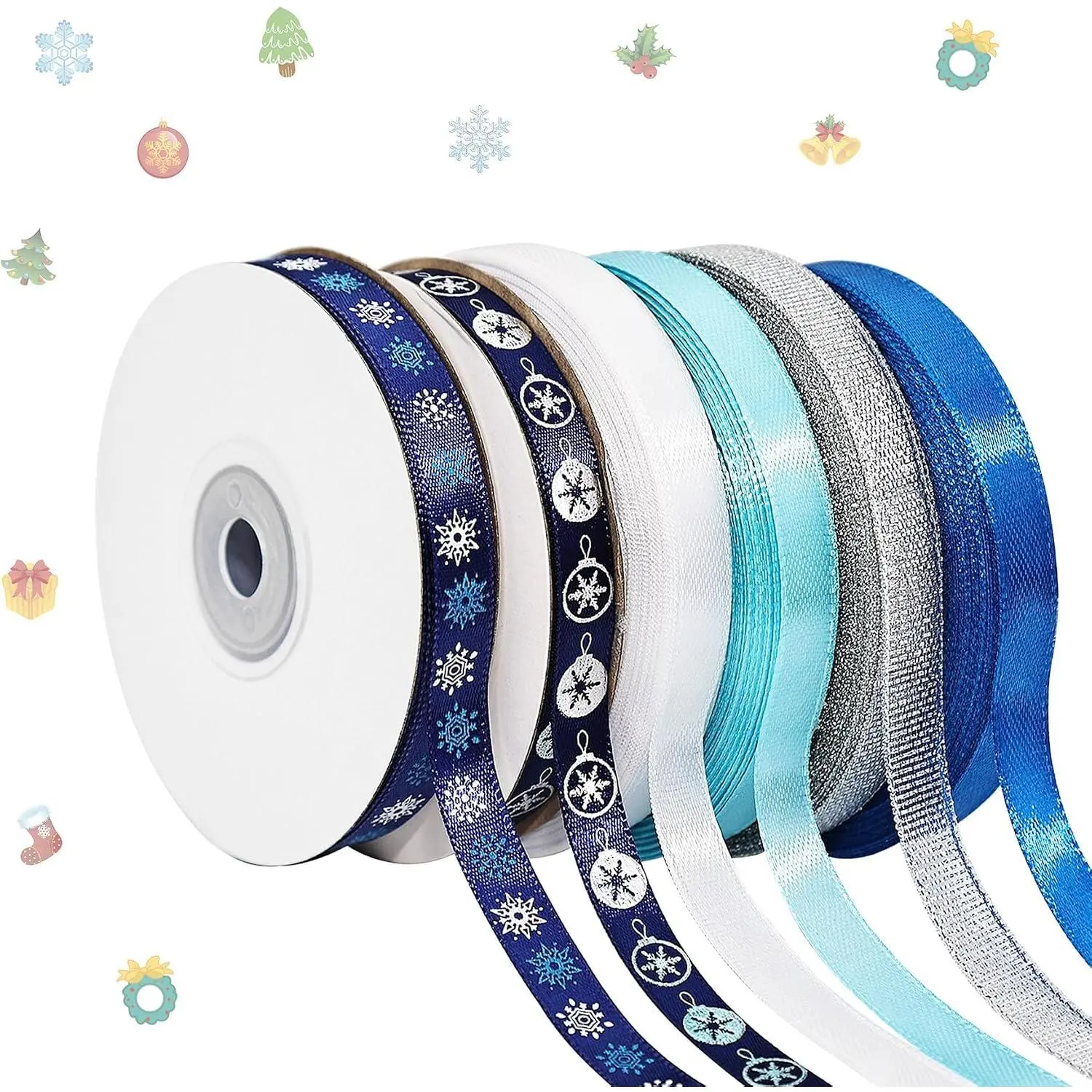 6 Rolls Snowflake Wrapping Ribbon 3/8 Inch x 150 Yards Glitter Christmas Holiday Blue Sliver Winter Ribbons for Christmas Tree Wrapping Decoration Floral Bows (Winter)