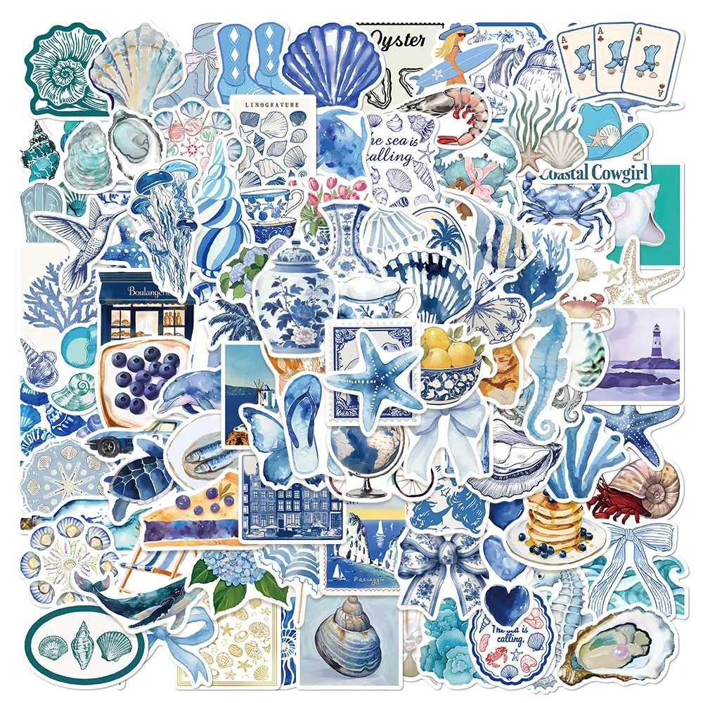 100pcs Blue Ocean Aesthetics Series Stickers, Decorative Office Stickers, Suitable for Crafts and DIY Projects, Durable Material, Easy To Apply, and An Excellent Holiday Gift.